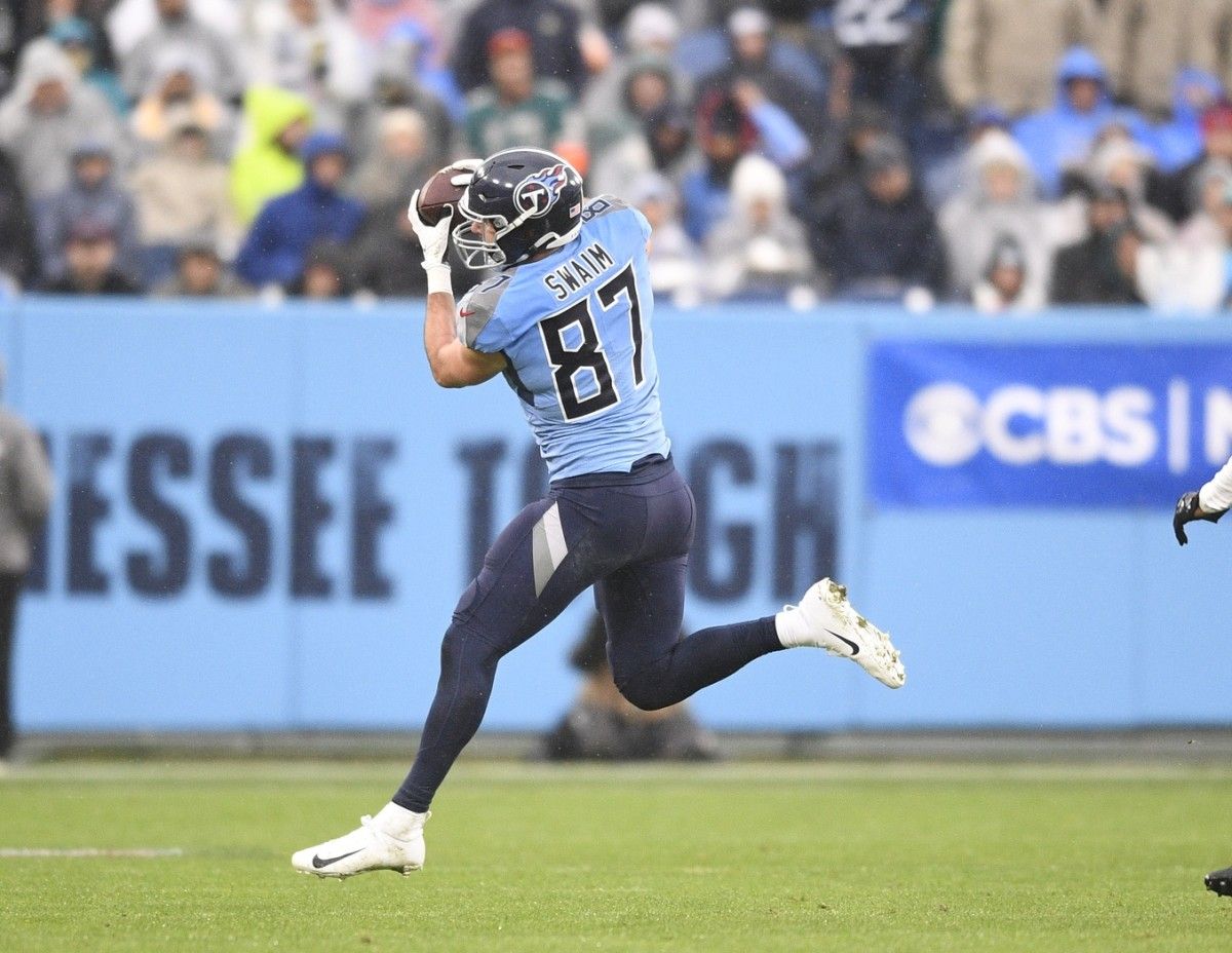 Tennessee Titans tight end Geoff Swaim (87) makes a catch against the Miami Dolphins] during the first half at Nissan Stadium.