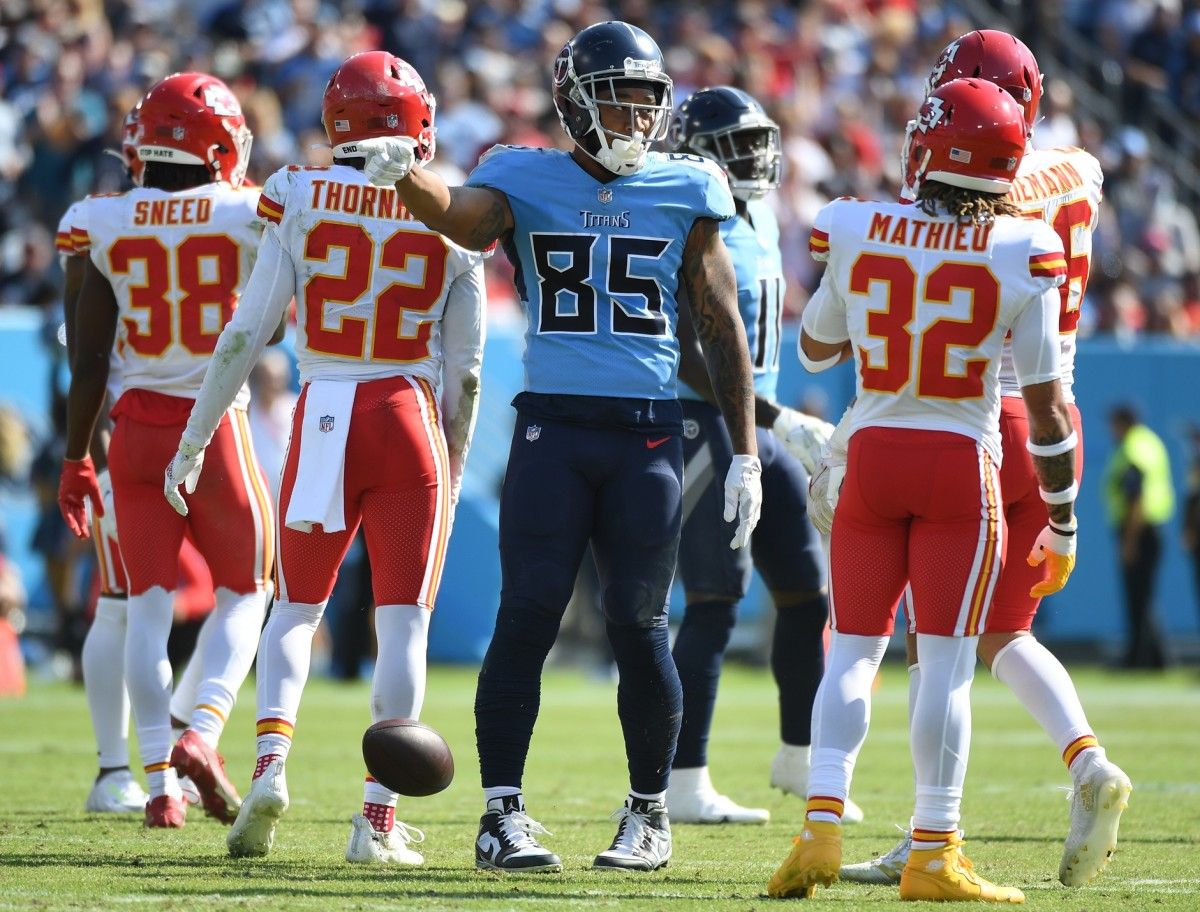 Tennessee Titans tight end MyCole Pruitt (85) after a first down run during the first half against the Kansas City Chiefs at Nissan Stadium.