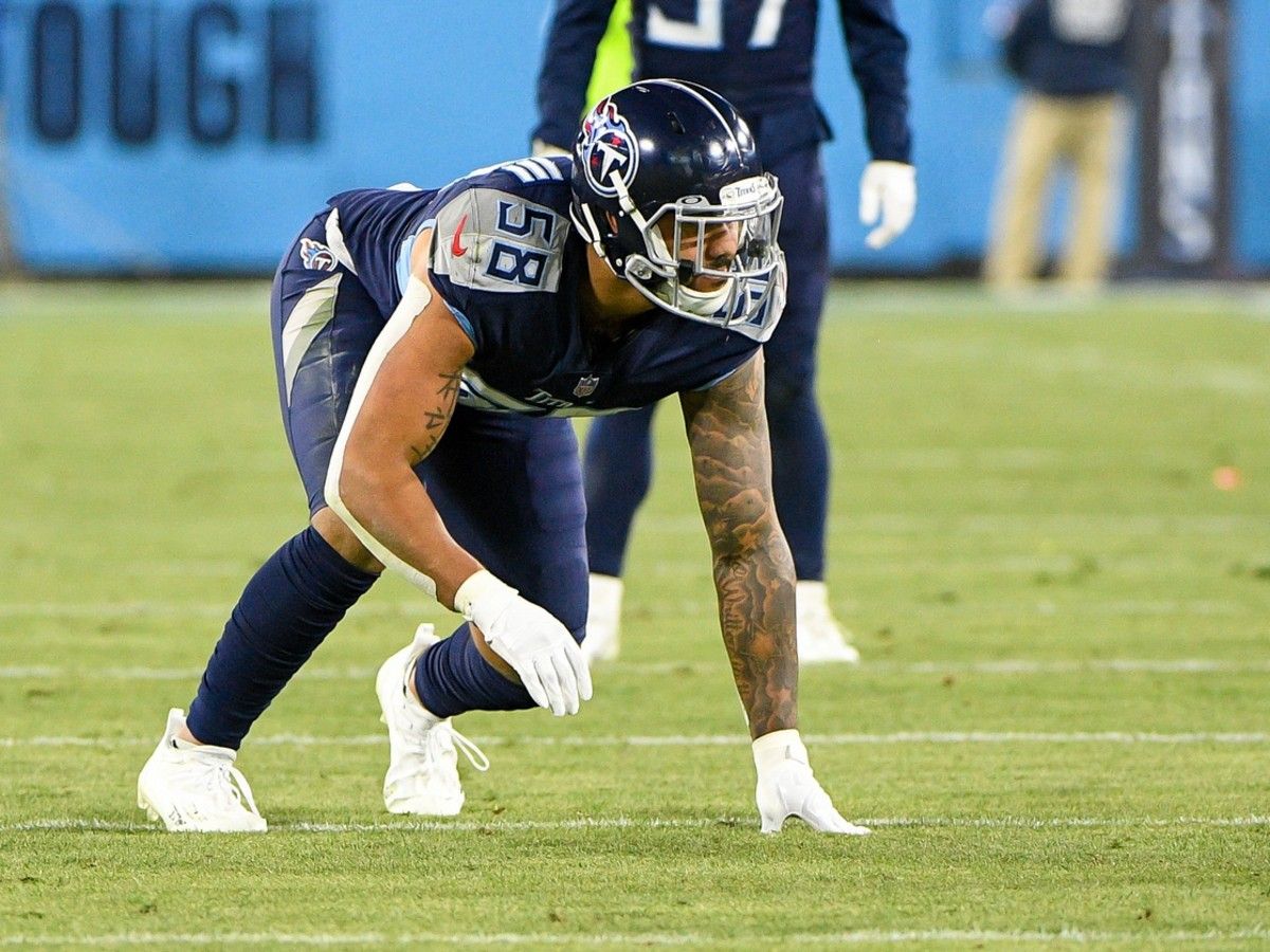 Tennessee Titans linebacker Harold Landry (58) against the Cincinnati Bengals during the second half during a AFC Divisional playoff football game at Nissan Stadium.