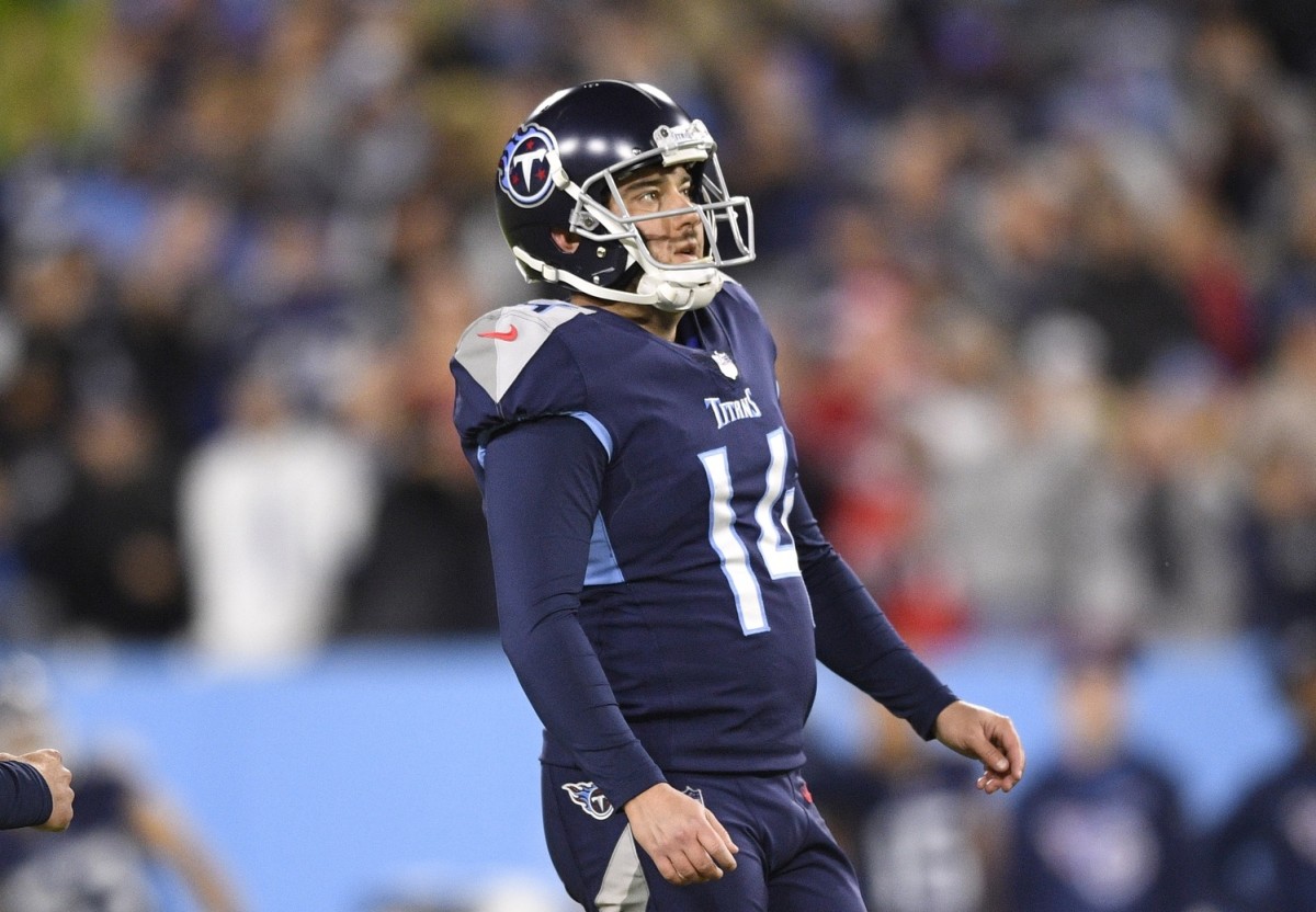 Tennessee Titans kicker Randy Bullocks (14) watches the ball after he kicked the game winning field goal with nine seconds on the clock against the San Francisco 49ers during the second half at Nissan Stadium.