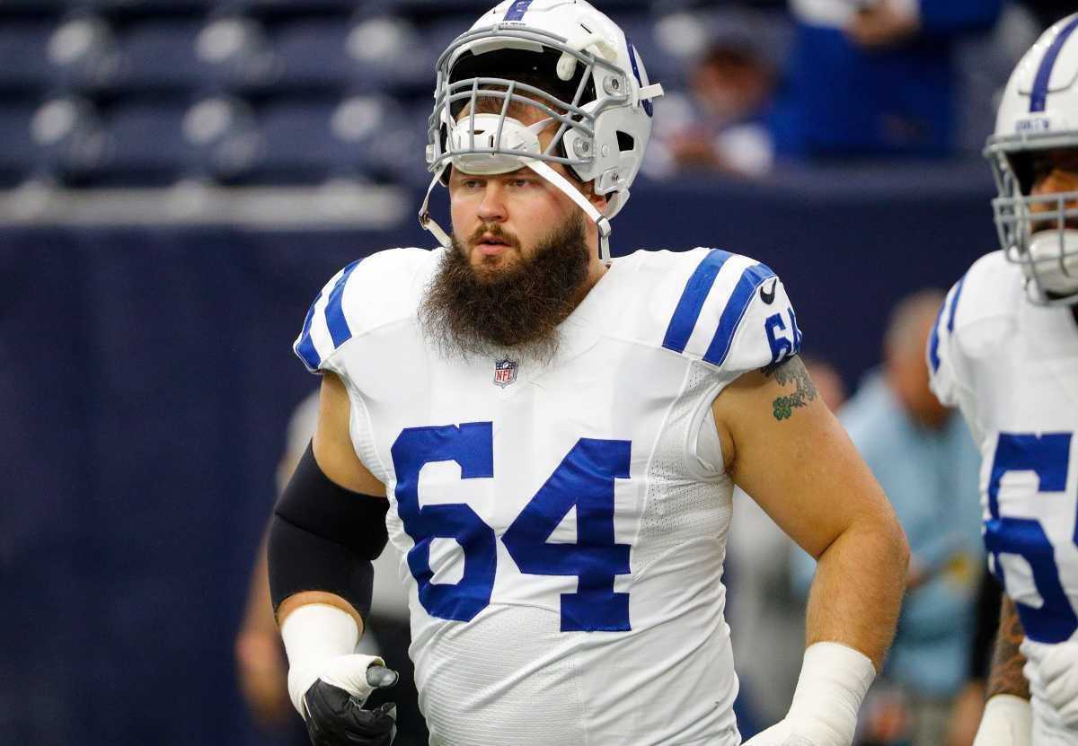 Indianapolis Colts guard Mark Glowinski (64) warms up before facing the Texans on Sunday, Dec. 5, 2021, at NRG Stadium in Houston. Indianapolis Colts Versus Houston Texans On Sunday Dec 5 2021 At Nrg Stadium In Houston Texas