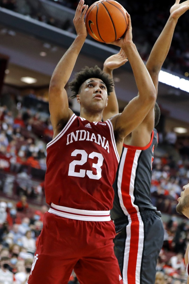 Indiana forward Trayce Jackson-Davis (23) shoots while defended by Ohio State forward Zed Key (23) during the first half at Value City Arena on Monday. (Joseph Maiorana/USA TODAY Sports)