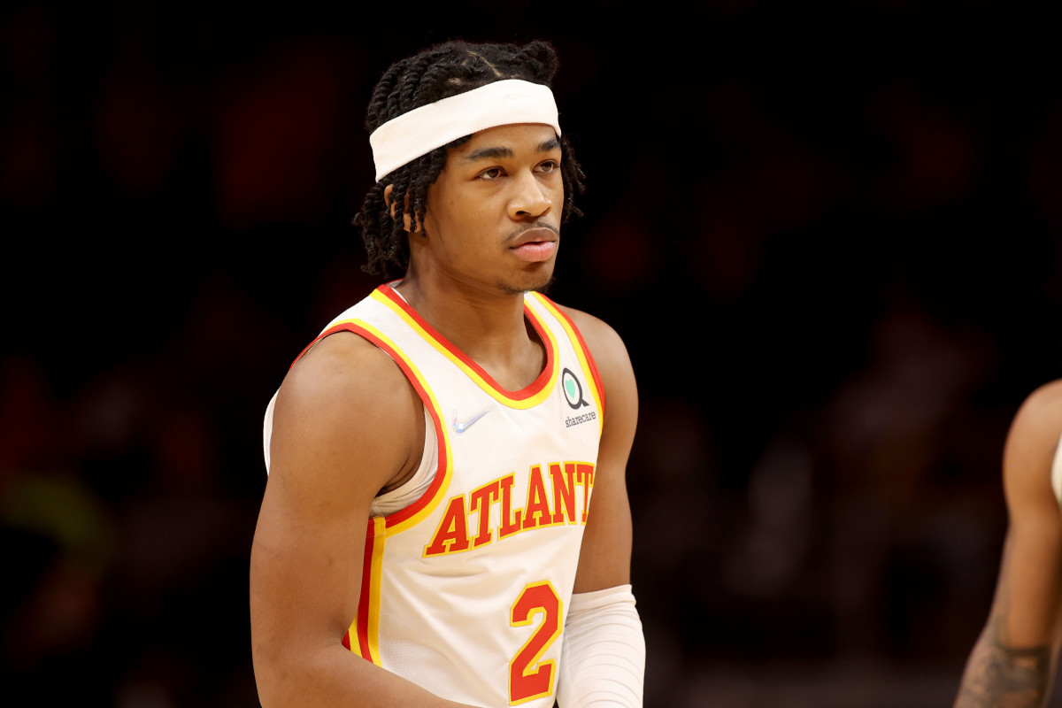 Nov 14, 2021; Atlanta, Georgia, USA; Atlanta Hawks guard Sharife Cooper (2) is shown during the second half of their game against the Milwaukee Bucks at State Farm Arena.