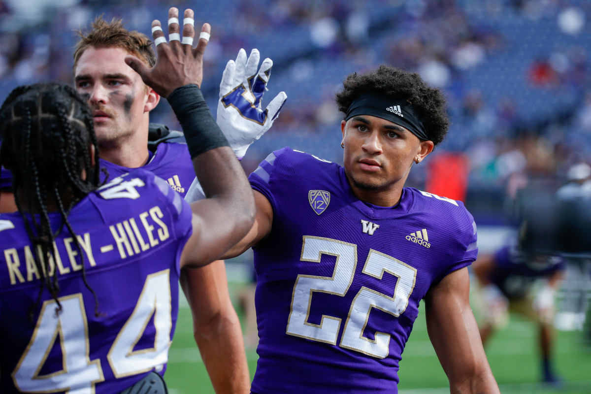 Sep 4, 2021; Seattle, Washington, USA; Washington Huskies defensive back Trent McDuffie (22) participates in pregame warmups against the Montana Grizzlies at Alaska Airlines Field at Husky Stadium. Mandatory Credit: Joe Nicholson-USA TODAY Sports