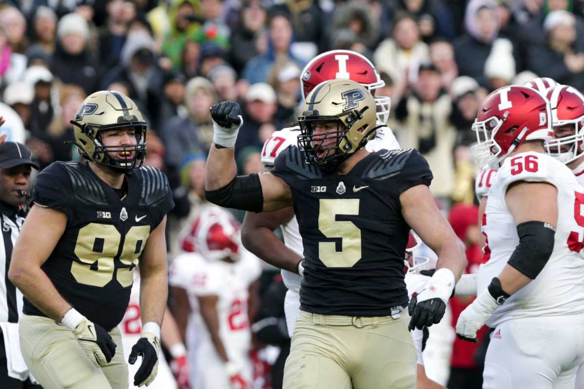 Purdue defensive end George Karlaftis (5) celebrates a stop during the second quarter of an NCAA college football game, Saturday, Nov. 27, 2021 at Ross-Ade Stadium in West Lafayette. Cfb Purdue Vs Indiana
