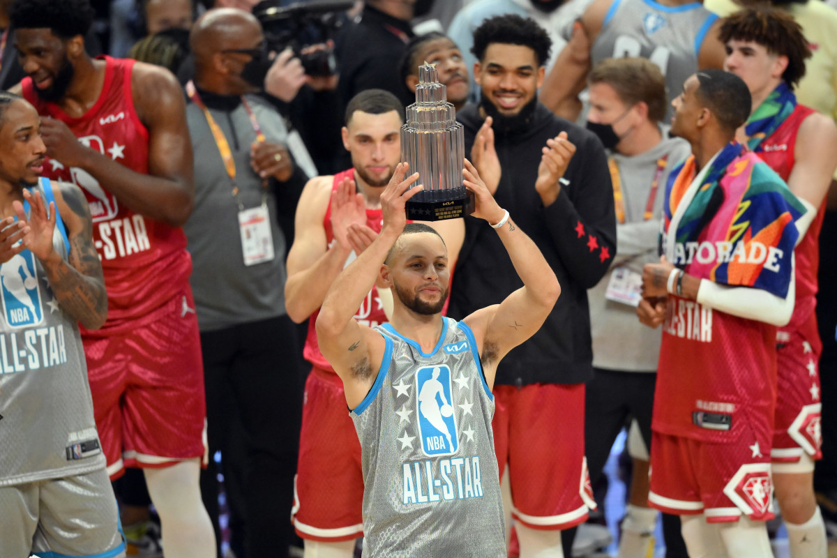 Feb 20, 2022; Cleveland, Ohio, USA; Team LeBron guard Stephen Curry (30) celebrates with a trophy for most valuable player after Team LeBron defeated Team Durant in the 2022 NBA All-Star Game at Rocket Mortgage FieldHouse. Mandatory Credit: David Richard-USA TODAY Sports