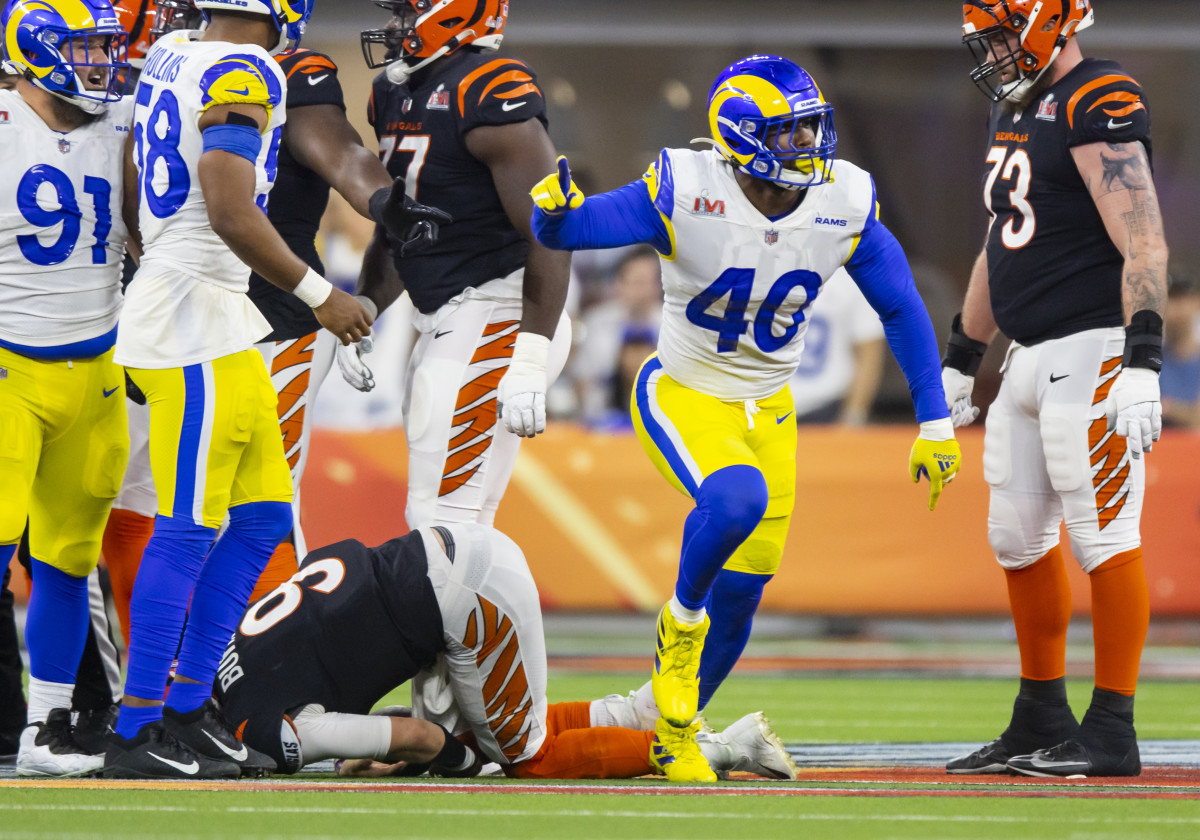 Feb 13, 2022; Inglewood, CA, USA; Los Angeles Rams linebacker Von Miller (40) celebrates after sacking Cincinnati Bengals quarterback Joe Burrow (9) during Super Bowl LVI at SoFi Stadium. Mandatory Credit: Mark J. Rebilas-USA TODAY Sports