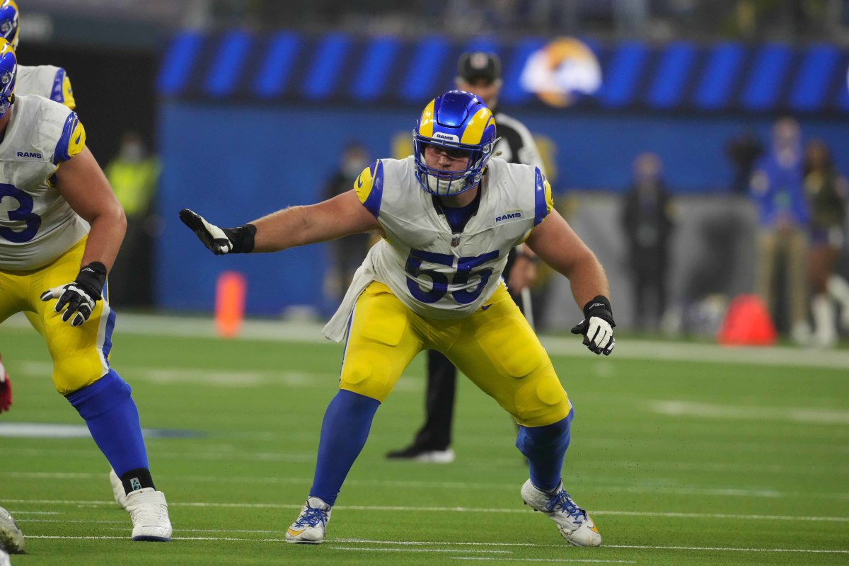 Nov 7, 2021; Inglewood, California, USA; Los Angeles Rams center Brian Allen (55) during the game against the Tennessee Titans at SoFi Stadium. The Titans defeated the Rams 28-16. Mandatory Credit: Kirby Lee-USA TODAY Sports