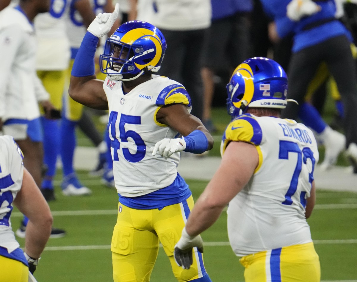 Feb 13, 2022; Inglewood, CA, USA; Los Angeles Rams linebacker Obo Okoronkwo (45) and teammates celebrate after defeating the Cincinnati Bengals in Super Bowl LVI at SoFi Stadium. Mandatory Credit: Robert Hanashiro-USA TODAY Sports