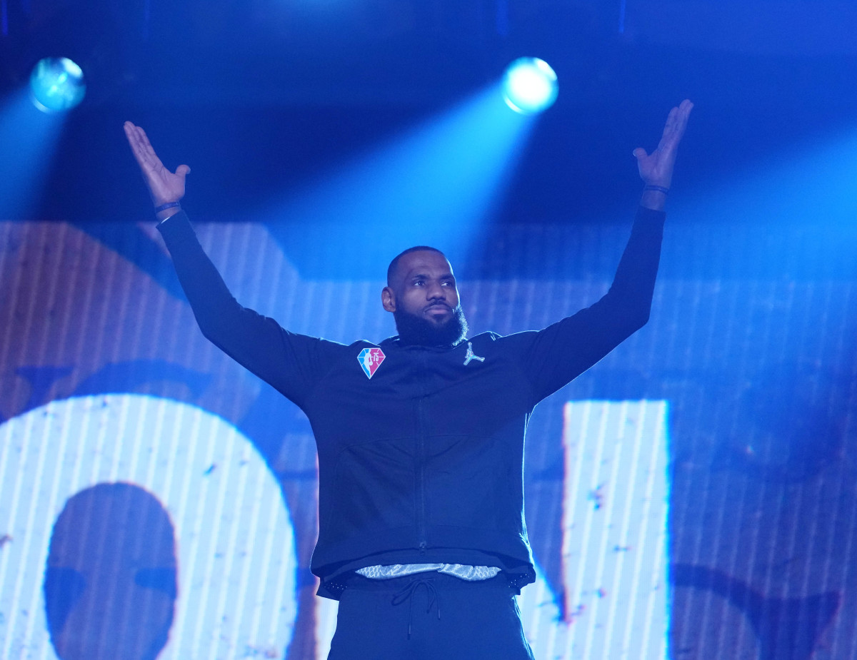 Feb 20, 2022; Cleveland, Ohio, USA; Team LeBron forward LeBron James is introduced before the 2022 NBA All-Star Game at Rocket Mortgage FieldHouse. Mandatory Credit: Kyle Terada-USA TODAY Sports