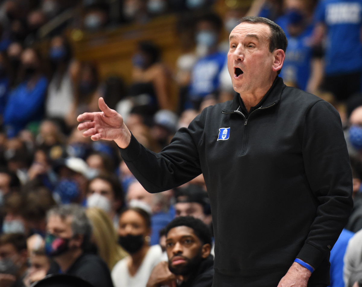 Duke Blue Devils head coach Mike Krzyzewski directs his team during the second half against the Florida State Seminoles at Cameron Indoor Stadium.