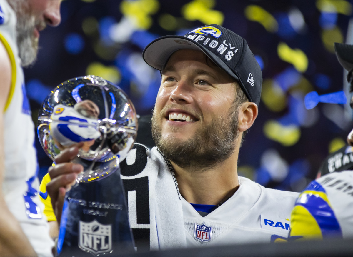 Feb 13, 2022; Inglewood, CA, USA; Los Angeles Rams quarterback Matthew Stafford celebrates with the Lombardi Trophy after defeating the Cincinnati Bengals in Super Bowl LVI at SoFi Stadium. Mandatory Credit: Mark J. Rebilas-USA TODAY Sports