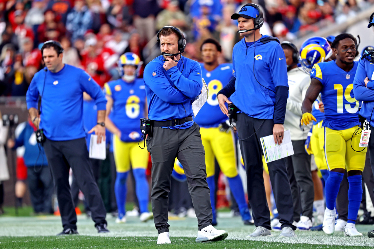 Jan 23, 2022; Tampa, Florida, USA; Los Angeles Rams head coach Sean McVay looks on during the second half against the Tampa Bay Buccaneers in a NFC Divisional playoff football game at Raymond James Stadium. Mandatory Credit: Kim Klement-USA TODAY Sports