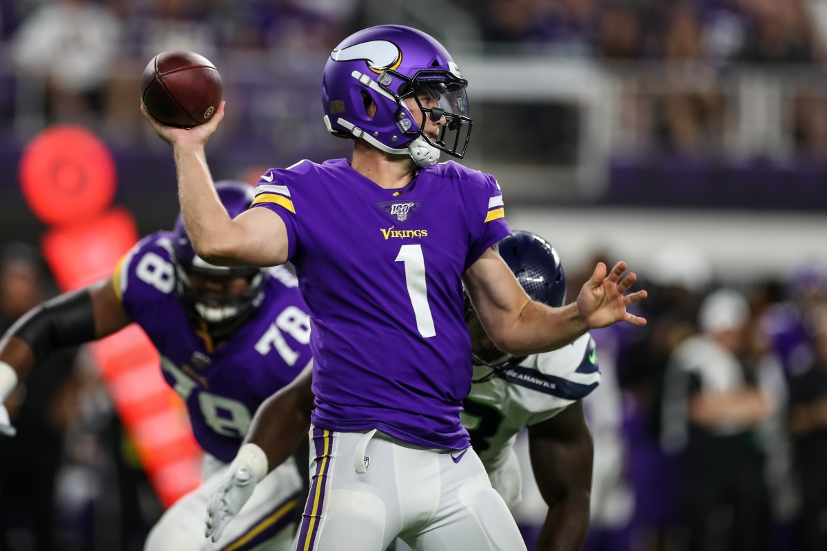 Aug 18, 2019; Minnesota Vikings quarterback Kyle Sloter (1) passes against the Seattle Seahawks. Mandatory Credit: Brace Hemmelgarn-USA TODAY