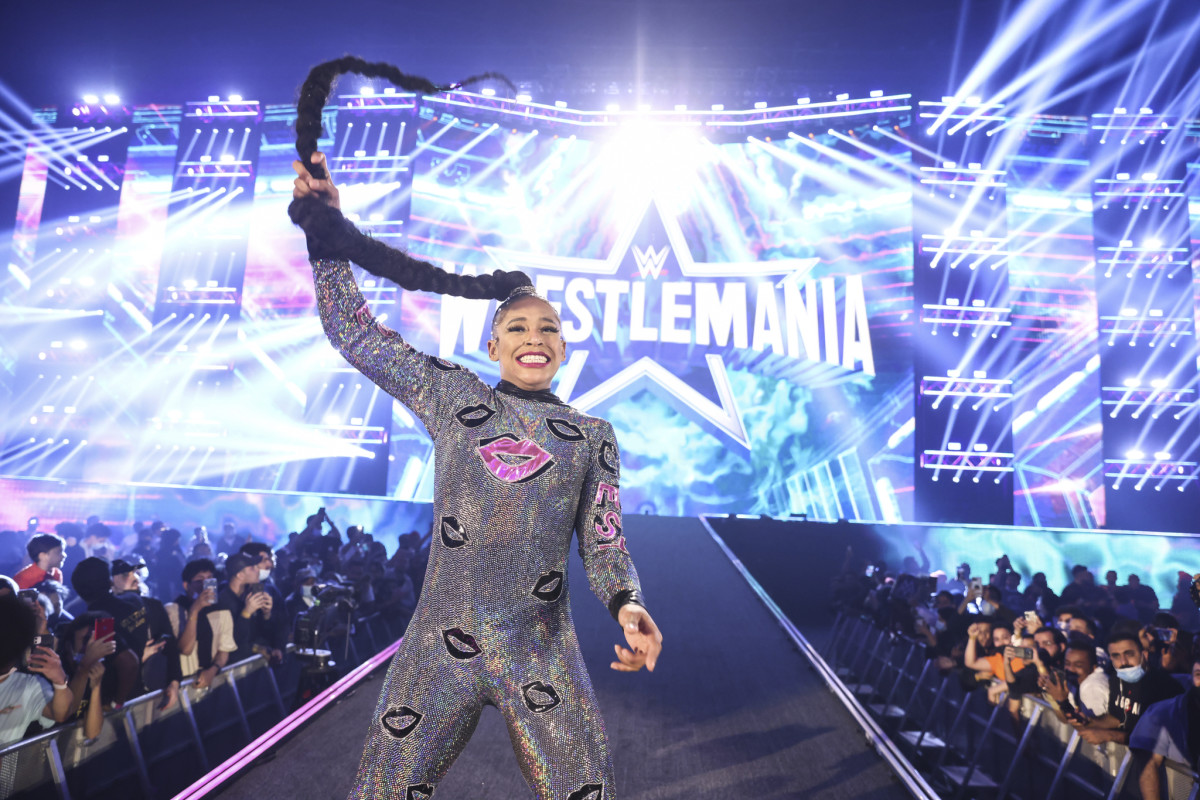 Bianca Belair celebrates after winning her match at Elimination Chamber