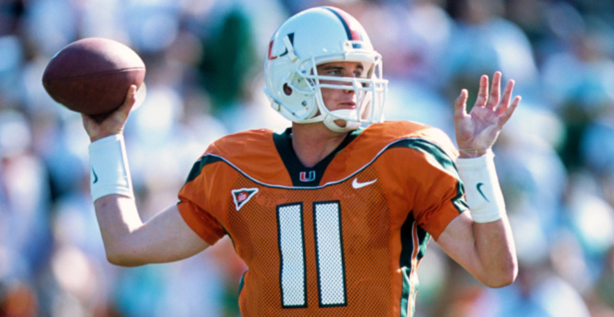 Miami Hurricanes quarterback Ken Dorsey attempts a pass during a college football game.