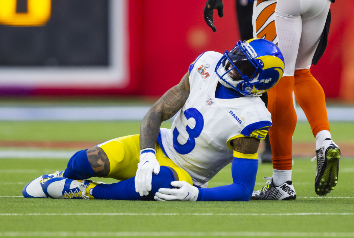 Feb 13, 2022; Inglewood, CA, USA; Los Angeles Rams wide receiver Odell Beckham Jr. (3) reacts after suffering an injury against the Cincinnati Bengals during Super Bowl LVI at SoFi Stadium. Mandatory Credit: Mark J. Rebilas-USA TODAY Sports