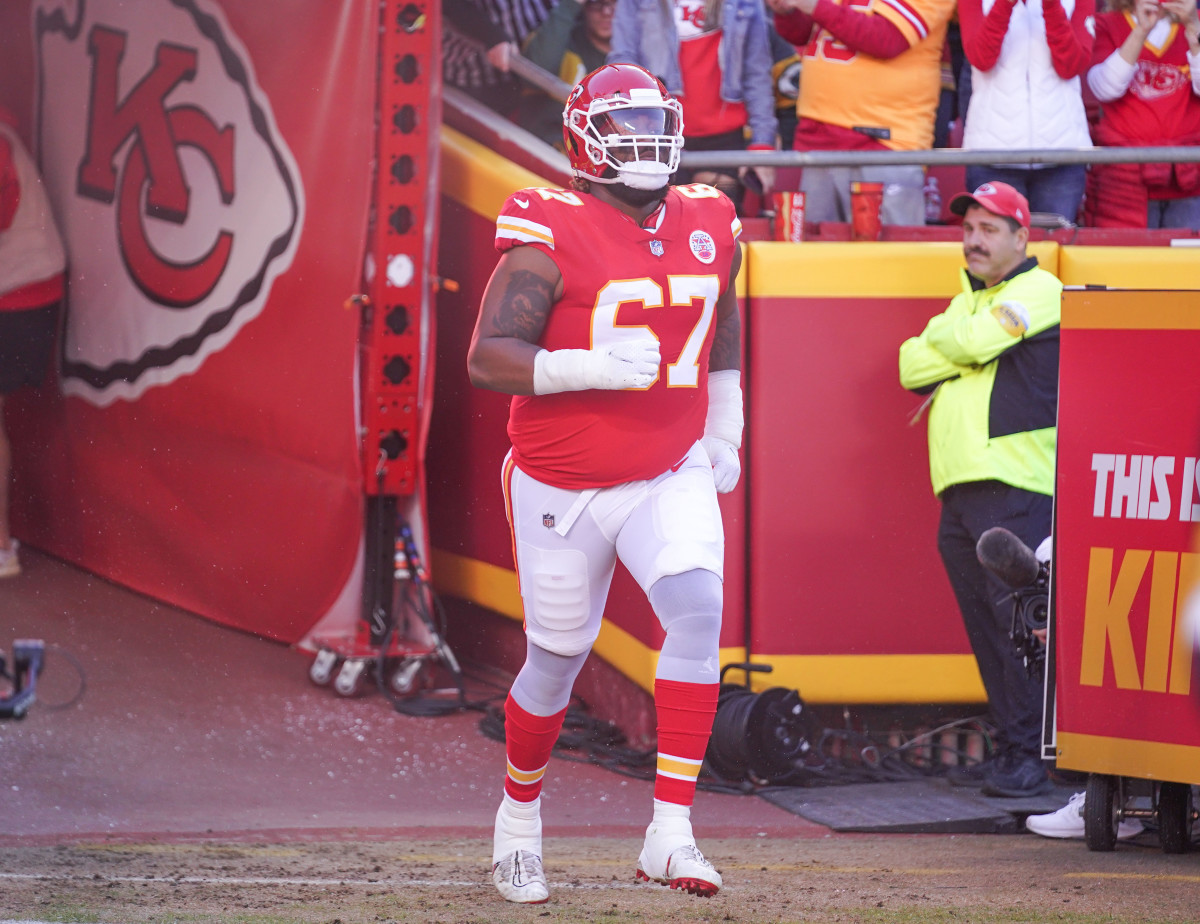 Nov 7, 2021; Kansas City, Missouri, USA; Kansas City Chiefs offensive tackle Lucas Niang (67) is introduced against the Green Bay Packers before the game at GEHA Field at Arrowhead Stadium. Mandatory Credit: Denny Medley-USA TODAY Sports