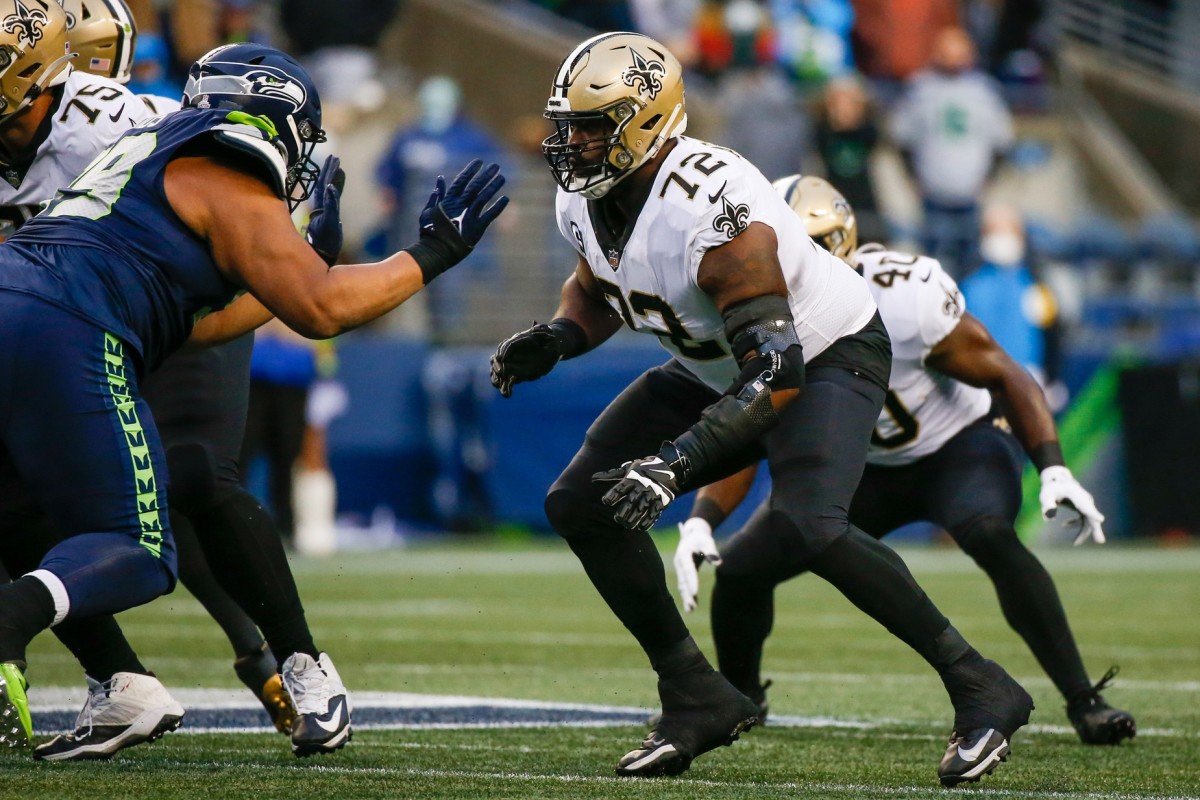 New Orleans Saints offensive tackle Terron Armstead (72) blocks against the Seattle Seahawks. Mandatory Credit: Joe Nicholson-USA TODAY Sports