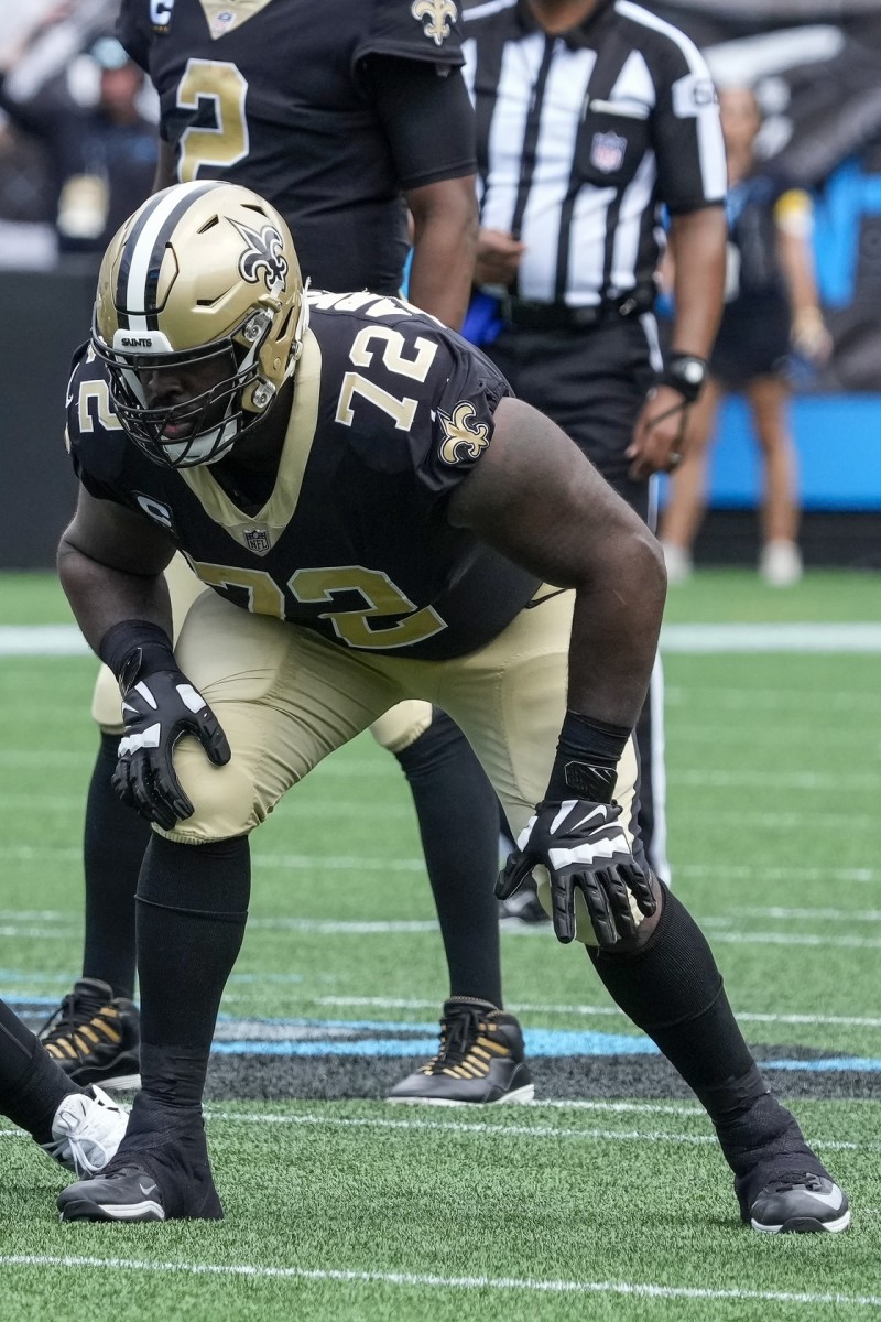 New Orleans Saints offensive tackle Terron Armstead (72) in his stance against the Carolina Panthers. Mandatory Credit: Jim Dedmon-USA TODAY