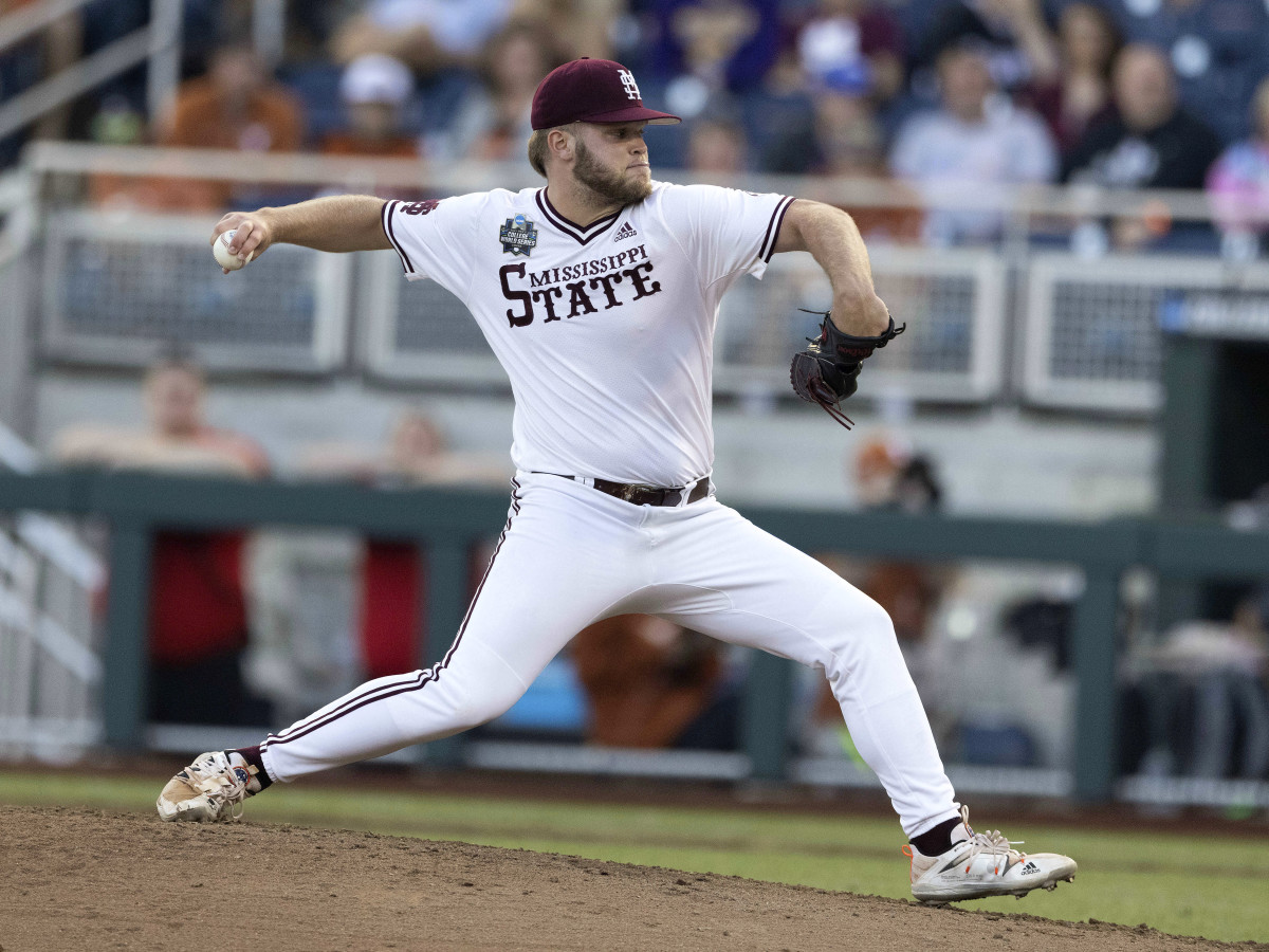 Mississippi State pitcher Landon Sims throws against Texas in the sixth inning during a baseball game in the College World Series Saturday, June 26, 2021, at TD Ameritrade Park in Omaha, Neb.  The college baseball season opens Friday, Feb. 18, 2022.