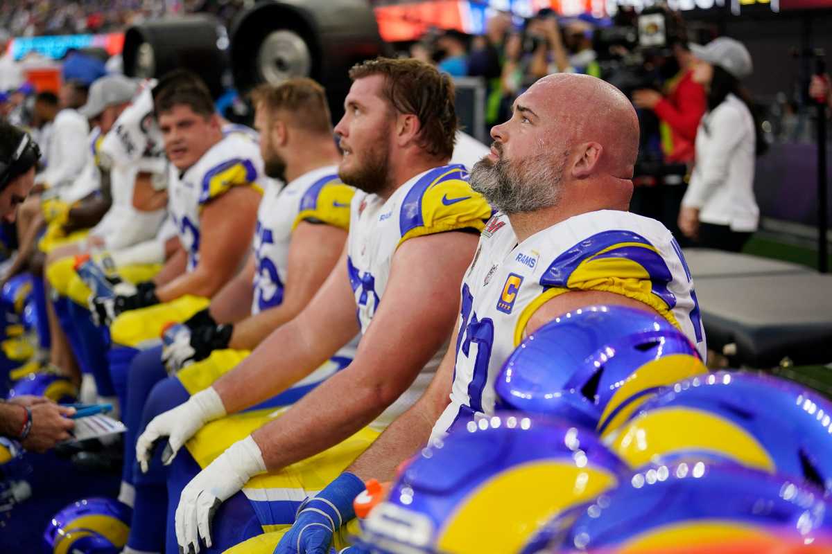 Feb 13, 2022; Inglewood, CA, USA; Los Angeles Rams offensive tackle Andrew Whitworth (77) and looks at the scoreboard as he faces his former team the Cincinnati Bengals during Super Bowl 56, Sunday, Feb. 13, 2022, at SoFi Stadium in Inglewood, Calif. Mandatory Credit: Sam Greene-USA TODAY Sports
