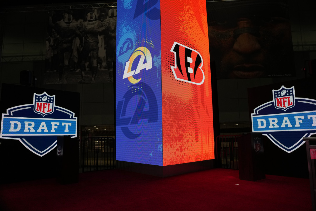 Feb 7, 2022; Los Angeles, CA, USA; Los Angeles Rams and Cincinnati Bengals loos are seen at the NFL Draft exhibit at the Super Bowl LVI Experience at the Los Angeles Convention Center. Mandatory Credit: Kirby Lee-USA TODAY Sports