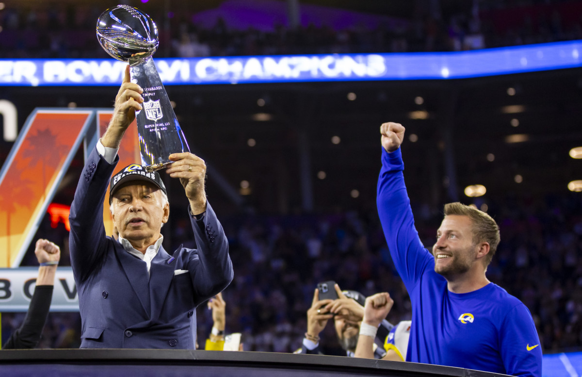 Feb 13, 2022; Inglewood, CA, USA; Los Angeles Rams owner Stan Kroenke (left) celebrates with the Lombardi Trophy alongside head coach Sean McVay after defeating the Cincinnati Bengals during Super Bowl LVI at SoFi Stadium. Mandatory Credit: Mark J. Rebilas-USA TODAY Sports