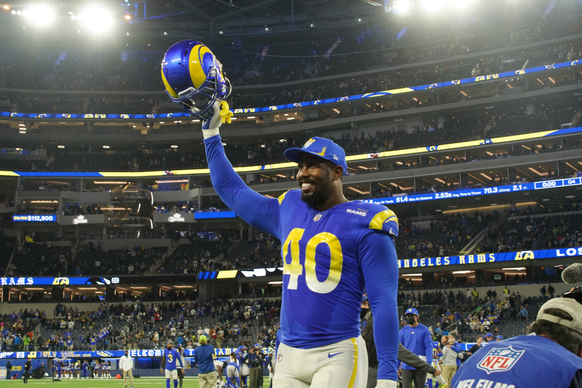 Dec 21, 2021; Inglewood, California, USA; Los Angeles Rams outside linebacker Von Miller (40) celebrates after the game against the Seattle Seahawks at SoFi Stadium. The Rams defeated the Seahawks 20-10. Mandatory Credit: Kirby Lee-USA TODAY Sports