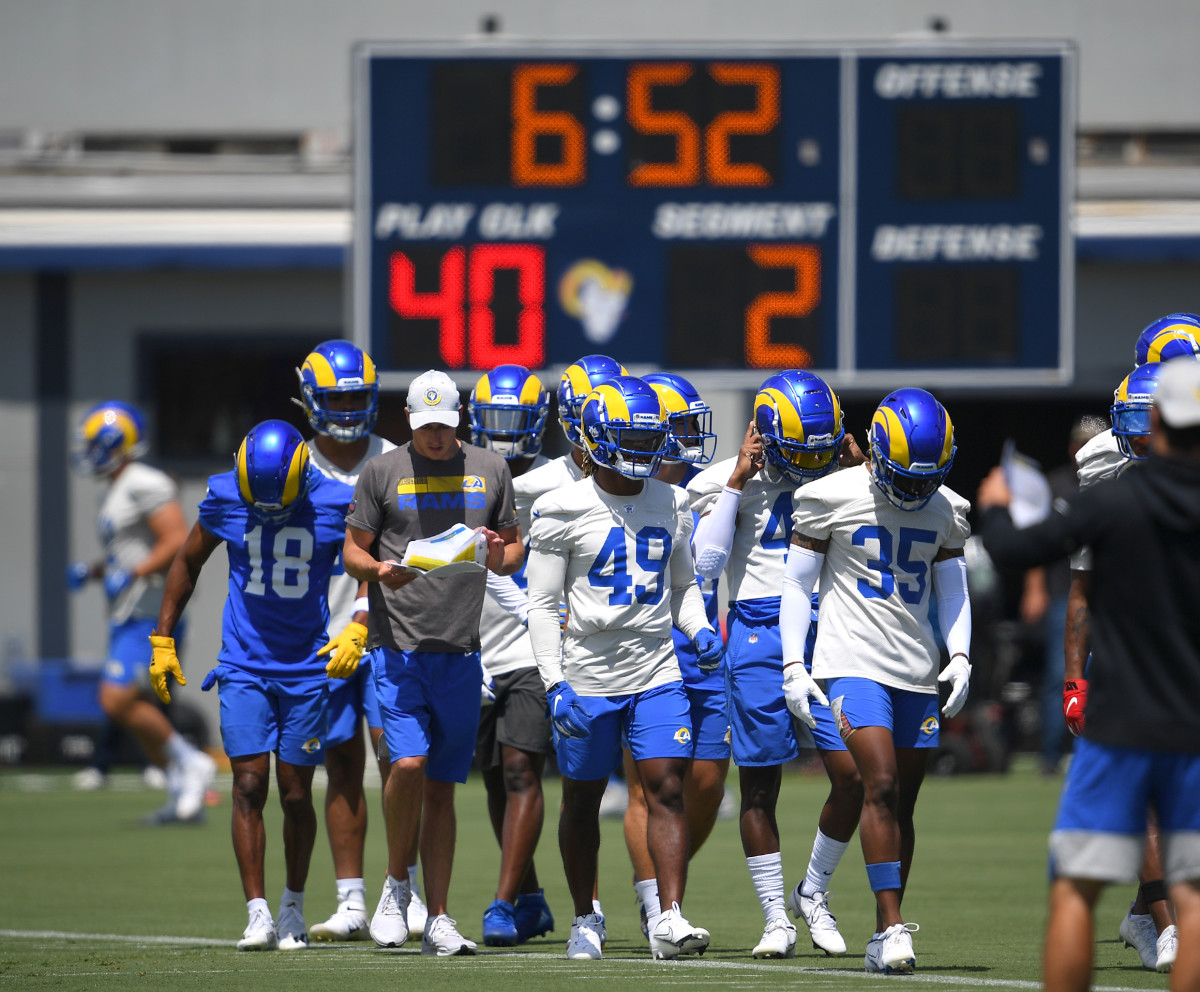 Jun 8, 2021; Thousand Oaks, CA, USA; Los Angeles Rams players go through drills during mini camp held at the team practice facility at Cal State Lutheran. Mandatory Credit: Jayne Kamin-Oncea-USA TODAY Sports