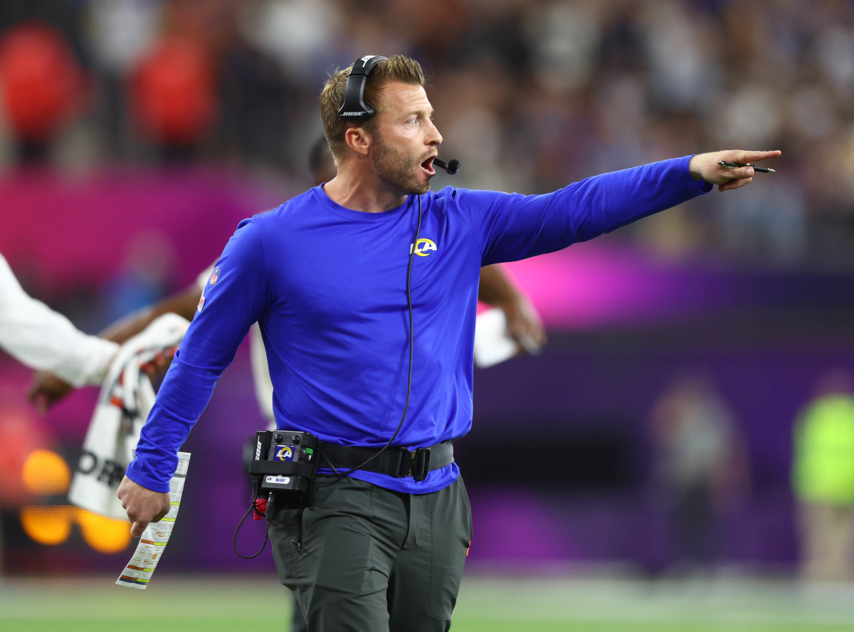 Feb 13, 2022; Inglewood, CA, USA; Los Angeles Rams head coach Sean McVay gestures against the Cincinnati Bengals in the fourth quarter of Super Bowl LVI at SoFi Stadium. Mandatory Credit: Mark J. Rebilas-USA TODAY Sports