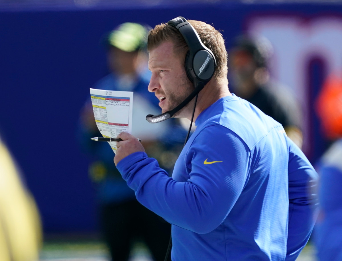Oct 17, 2021; East Rutherford, New Jersey, USA; Los Angeles Rams head coach Sean McVay during the game against the New York Giants at MetLife Stadium. Mandatory Credit: Robert Deutsch-USA TODAY Sports
