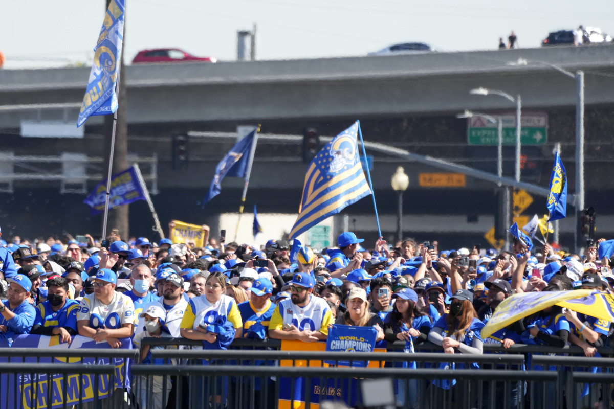 Feb 16, 2022; Los Angeles, CA, USA; Los Angeles Rams fans react during Super Bowl LVI championship rally at the Los Angeles Memorial Coliseum. Mandatory Credit: Kirby Lee-USA TODAY Sports