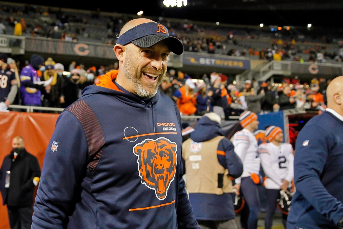 Dec 20, 2021; Chicago, Illinois, USA; Chicago Bears head coach Matt Nagy walks onto the field during warmups before the game against the Minnesota Vikings at Soldier Field. Mandatory Credit: Jon Durr-USA TODAY Sports