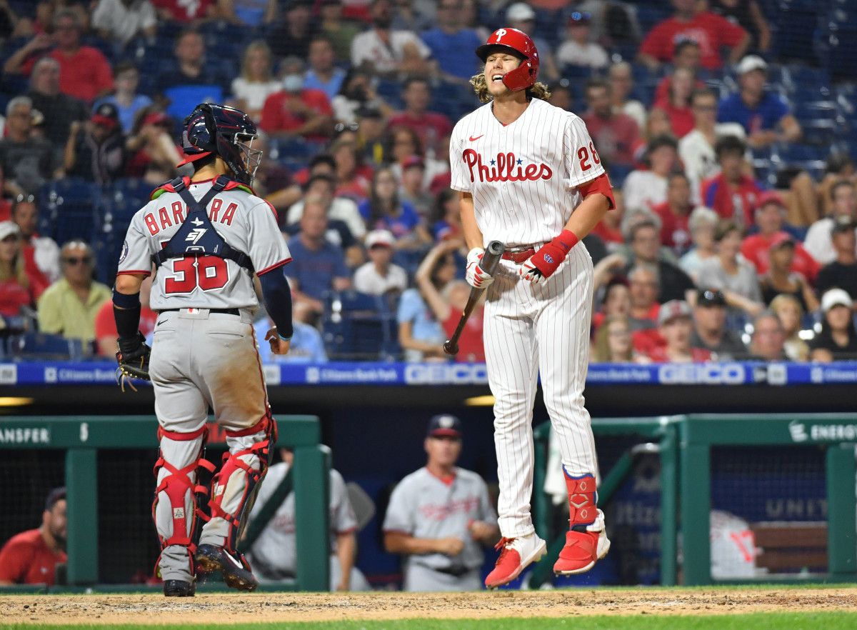 Alec Bohm is called out on strikes against Washington in July.