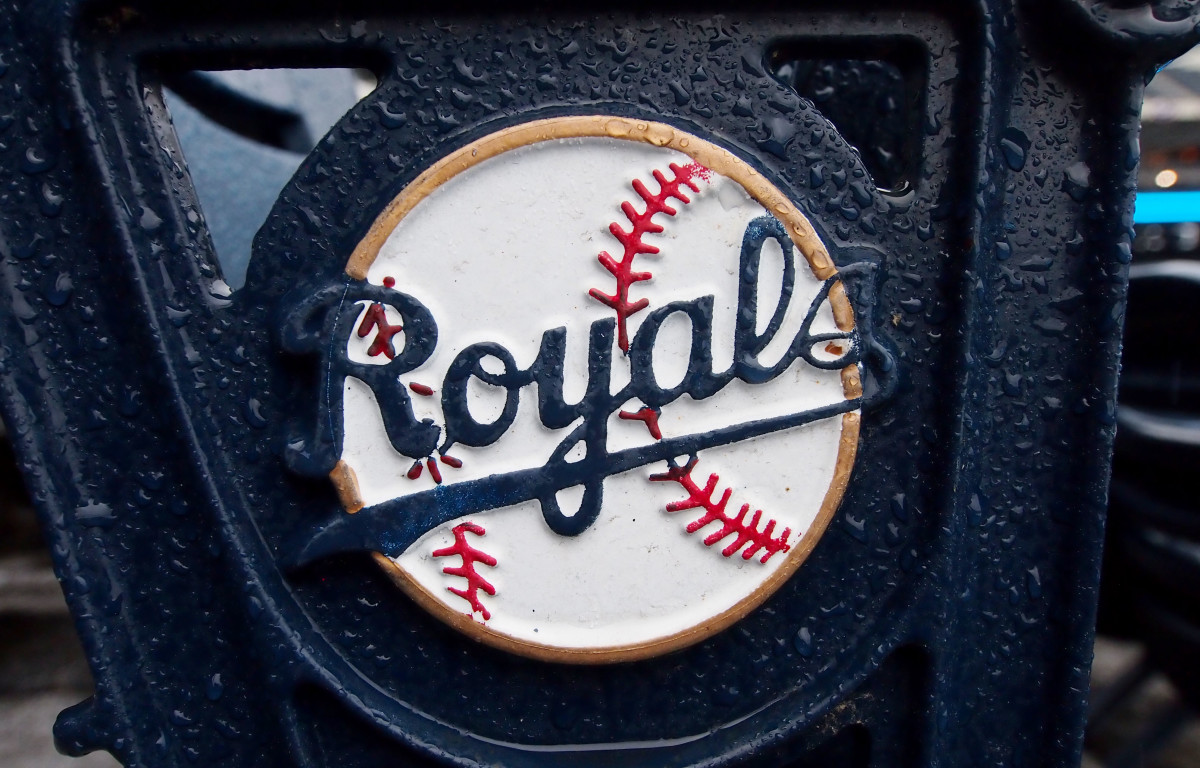Oct 13, 2014; Kansas City, MO, USA; Rain collects on a Royals decal logo on a seat in the stands before game three of the 2014 ALCS playoff baseball game between the Baltimore Orioles and Kansas City Royals at Kauffman Stadium. Mandatory Credit: Jerry Lai-USA TODAY Sports