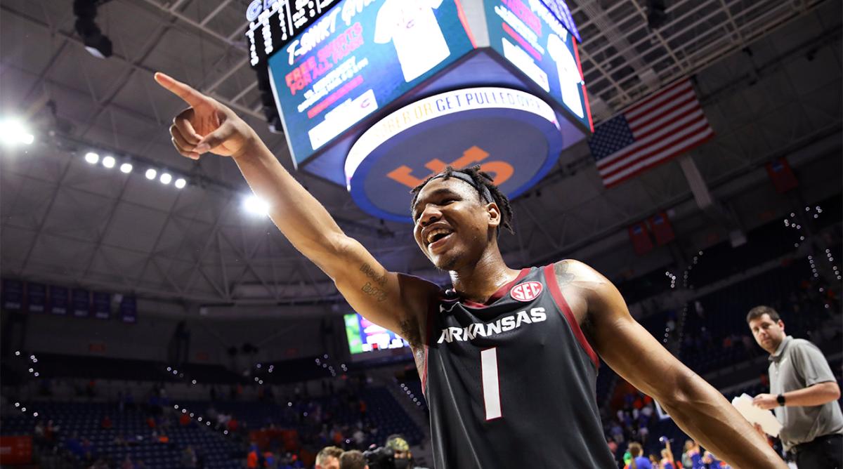 Arkansas guard JD Notae celebrates after the team's 82-74 win over Florida in an NCAA college basketball game Tuesday, Feb. 22, 2022, in Gainesville, Fla.