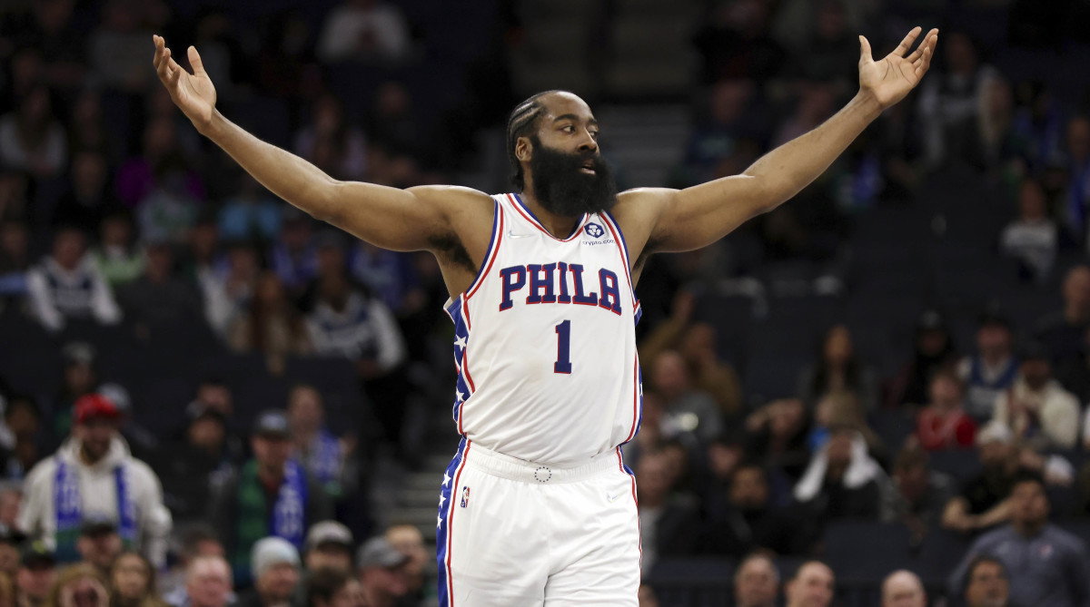 Philadelphia 76ers guard James Harden (1) reacts after scoring a basket against the Minnesota Timberwolves during the second half of an NBA basketball game Friday, Feb. 25, 2022, in Minneapolis.