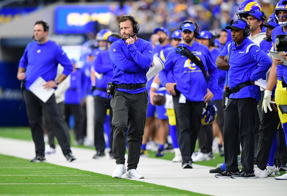 Jan 30, 2022; Inglewood, California, USA; Los Angeles Rams head coach Sean McVay in the first half during the NFC Championship Game against the San Francisco 49ers at SoFi Stadium. Mandatory Credit: Gary A. Vasquez-USA TODAY Sports