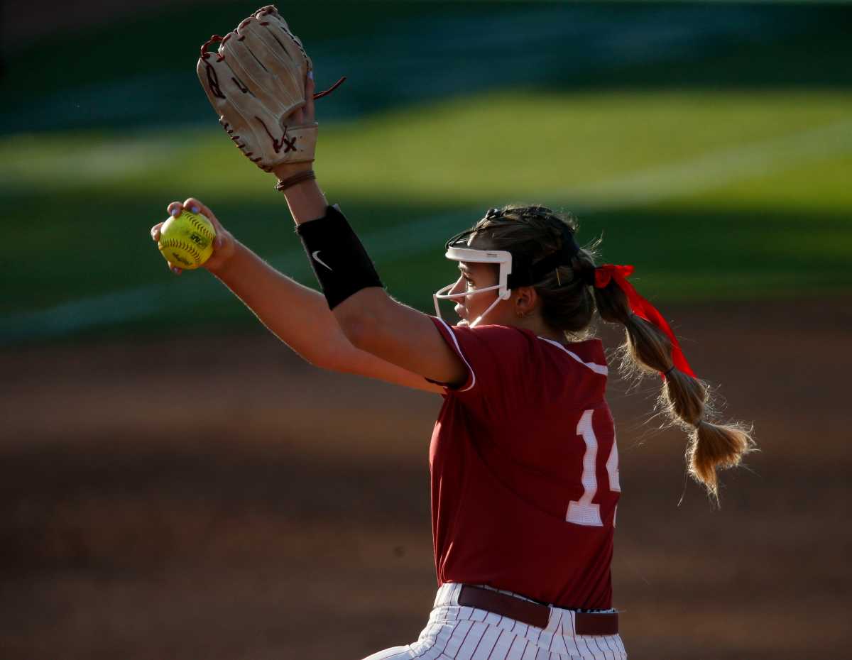 Alabama pitcher Montana Fouts (14) pitches against Florida during the SEC Championship Game in Rhoads Stadium Saturday, May 15, 2021, Tuscaloosa, Alabama.