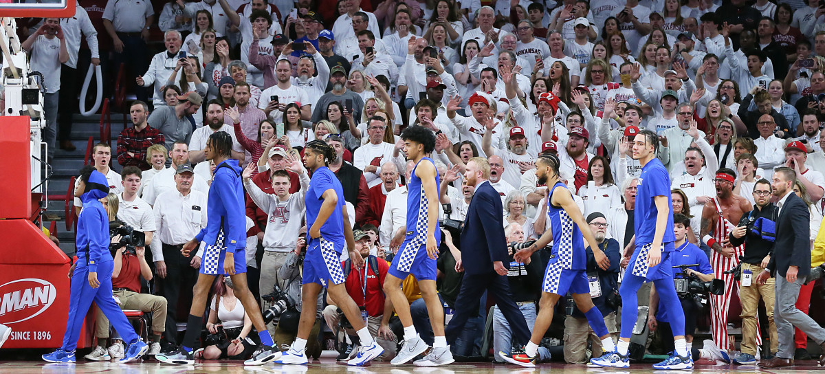Kentucky Wildcats players leave the court in the prior to the end of the game against the Arkansas Razorbacks at Bud Walton Arena. Arkansas won 75-73.