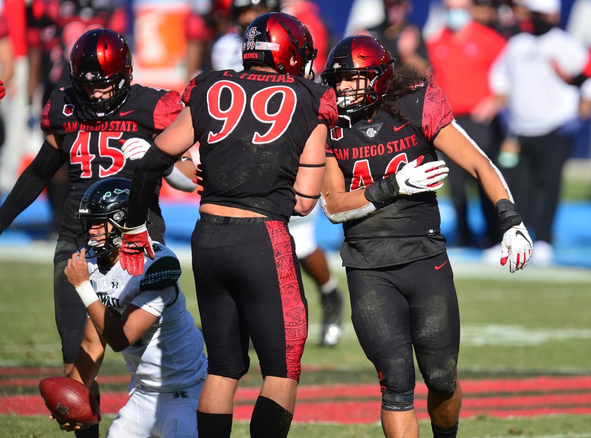 San Diego State Aztecs linebacker Michael Shawcroft (46) and defensive lineman Cameron Thomas (99) celebrate after bringing down Hawaii Warriors quarterback Chevan Cordeiro (12) during the first half at Dignity Health Sports Park.