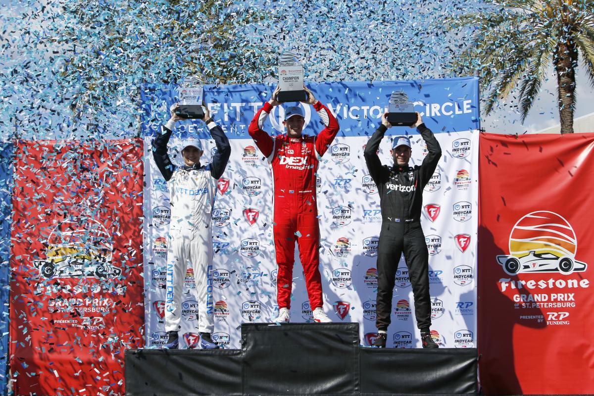Sunday's three podium finishers celebrate in the 2022 IndyCar season opener, from left: runner-up Alex Palou, race winner Scott McLaughlin and third-place finisher Will Power. Photo: IndyCar.