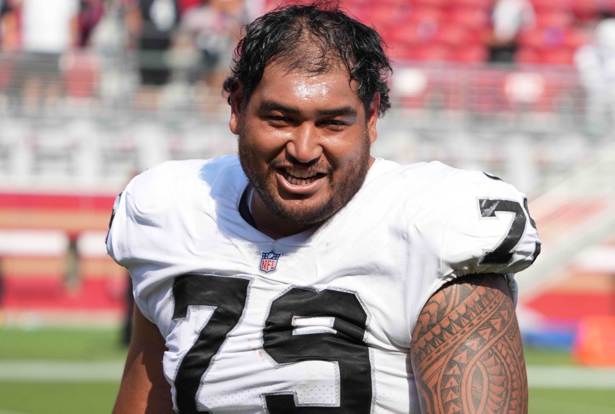 Las Vegas Raiders offensive guard Jeremiah Poutasi (79) walks off the field after the game against the San Francisco 49ers at Levi's Stadium.