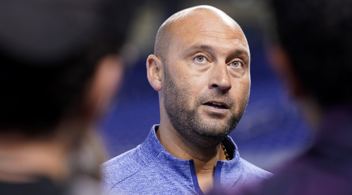 Derek Jeter, CEO of the Miami Marlins, speaks with the news media before a baseball game against the Philadelphia Phillies, Saturday, Oct. 2, 2021, in Miami. Derek Jeter announced a surprise departure from the Miami Marlins Monday, Feb. 28, 2022.
