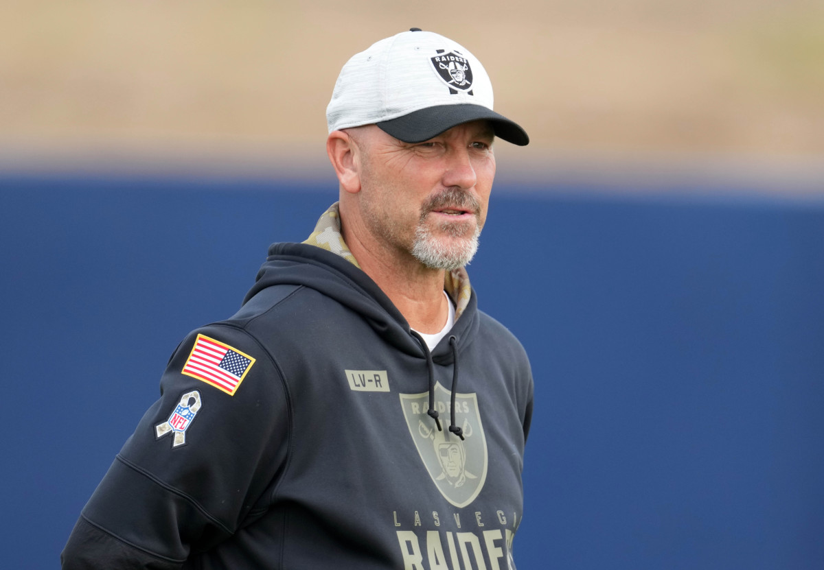 Aug 19, 2021; Thousand Oaks, CA, USA; Las Vegas Raiders defensive coordinator Gus Bradley reacts during a joint practice against the Los Angeles Rams. Mandatory Credit: Kirby Lee-USA TODAY Sports