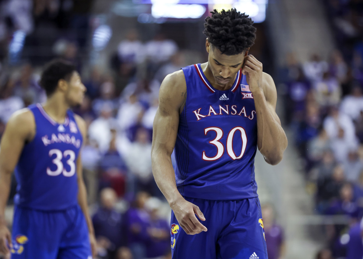 Mar 1, 2022; Fort Worth, Texas, USA; Kansas Jayhawks guard Ochai Agbaji (30) reacts during the second half against the TCU Horned Frogs at Ed and Rae Schollmaier Arena. Mandatory Credit: Kevin Jairaj-USA TODAY Sports