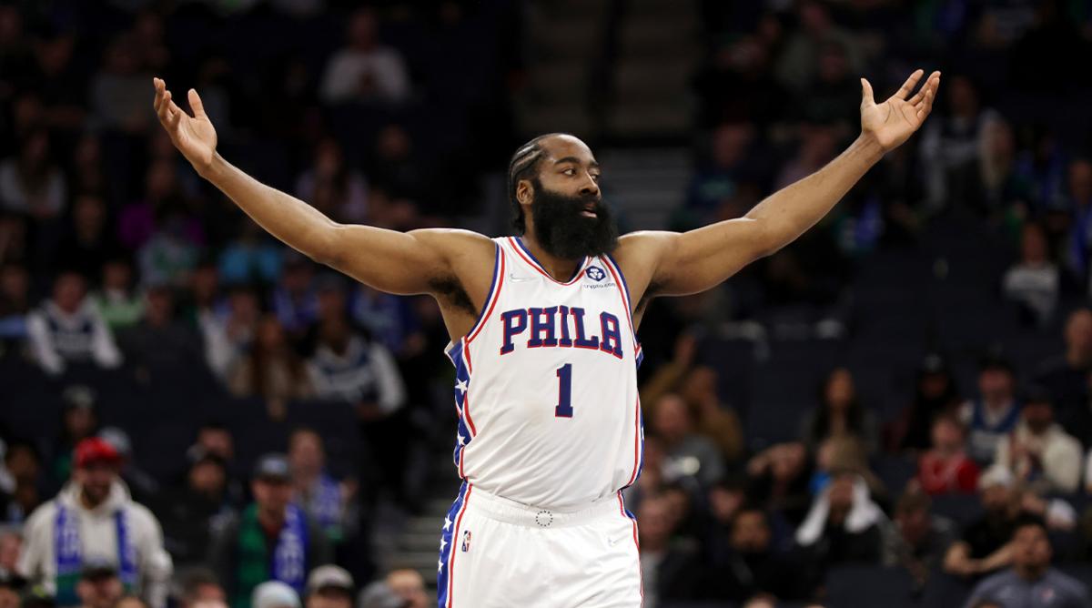 Philadelphia 76ers guard James Harden (1) reacts after scoring a basket against the Minnesota Timberwolves during the second half of an NBA basketball game Friday, Feb. 25, 2022, in Minneapolis.