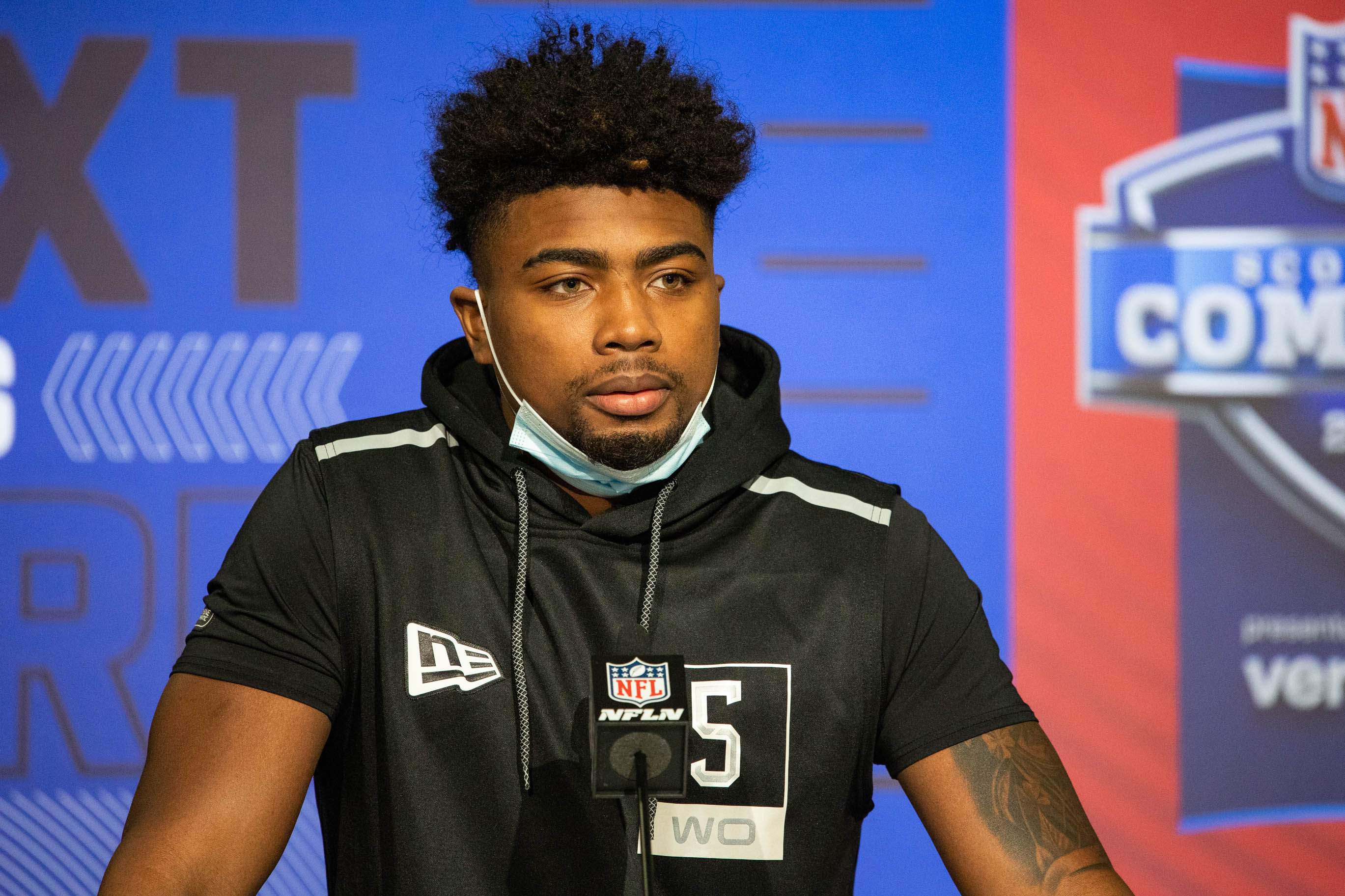 Mar 2, 2022; Indianapolis, IN, USA; Arkansa wide receiver Treylon Burks talks to the media during the 2022 NFL Combine. Mandatory Credit: Trevor Ruszkowski-USA TODAY Sports