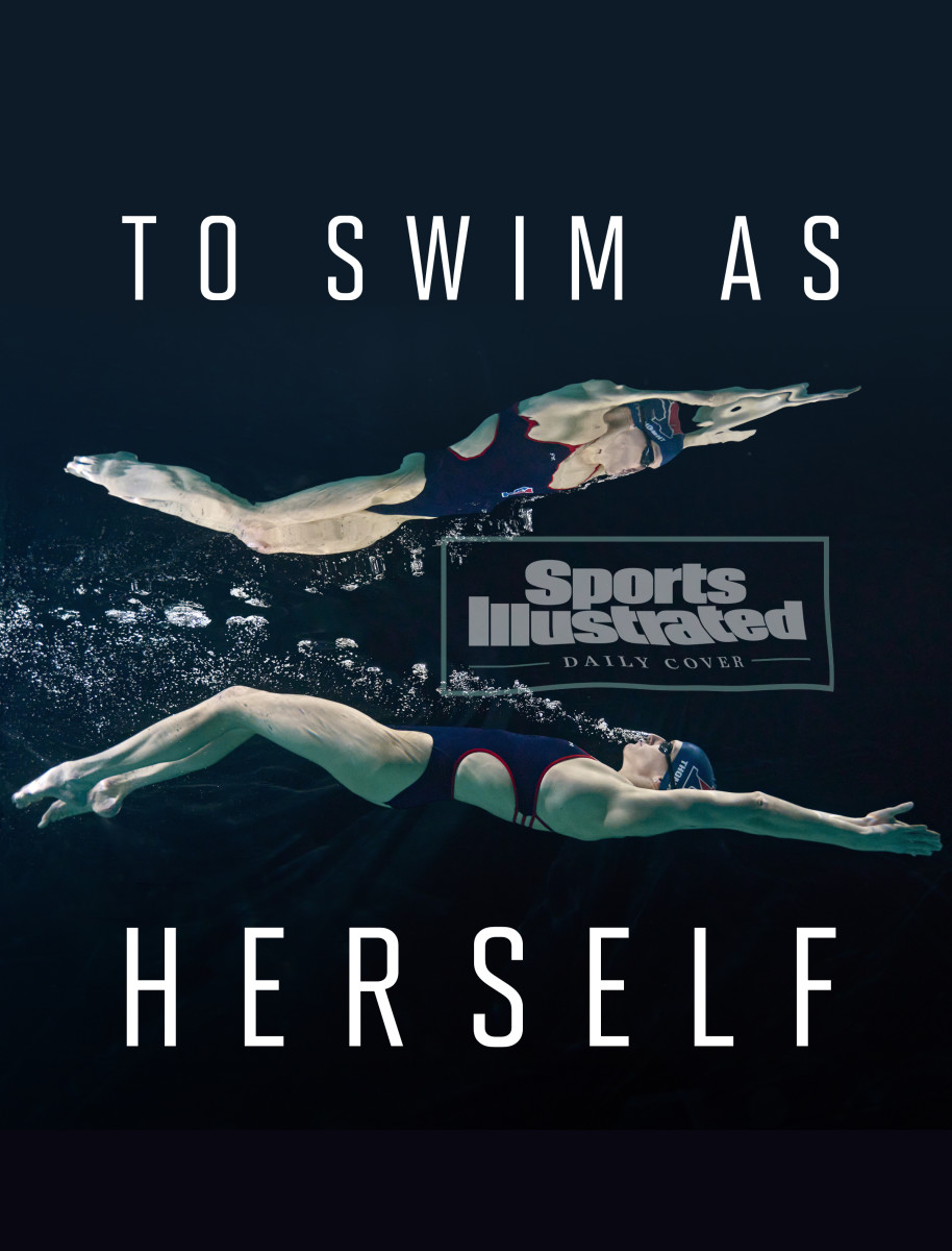 A picture of Lia Thomas swimming and her reflection with the words "To Swim As Herself"